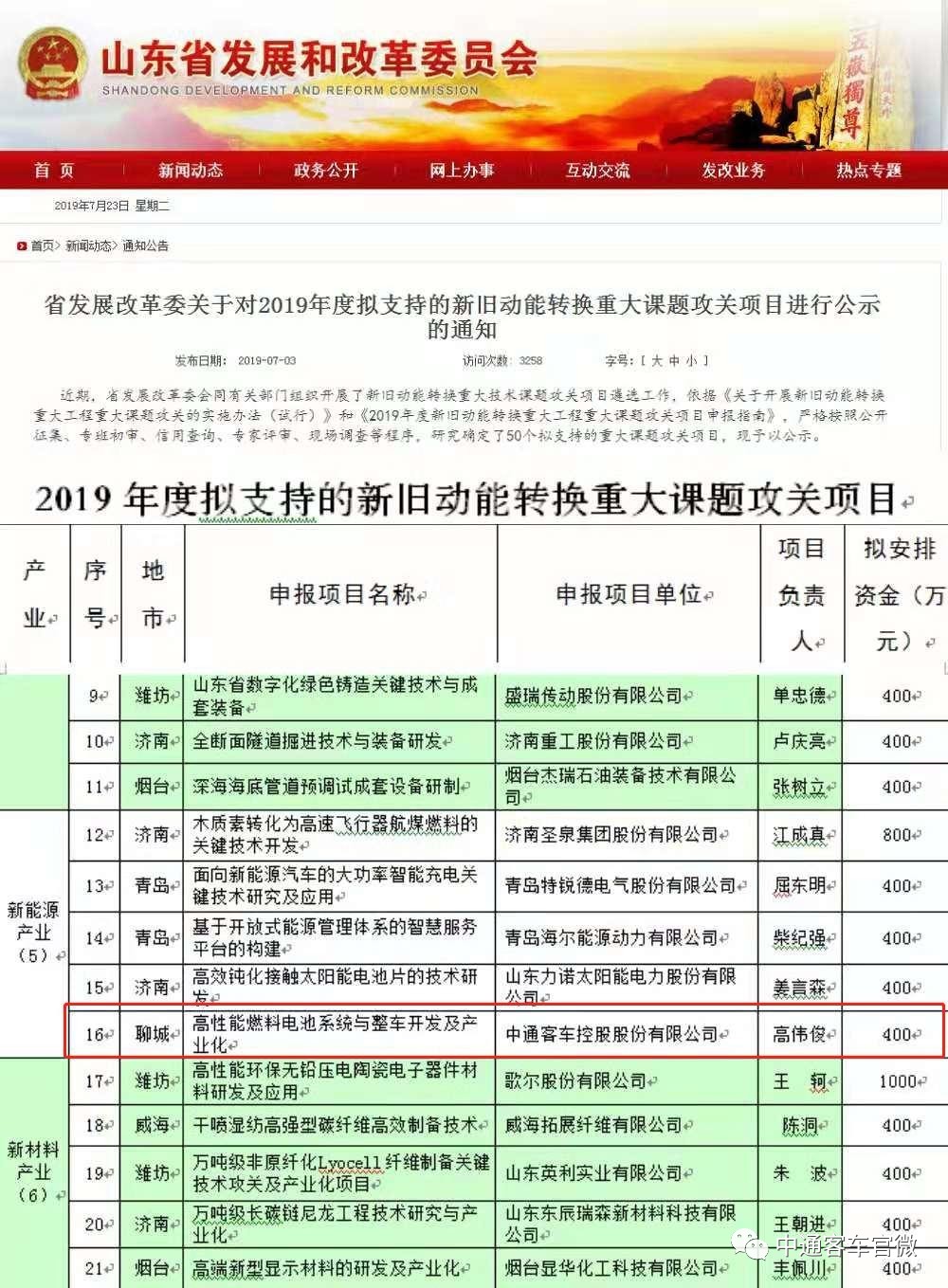 中通高性能燃料电池系统入选山东2019新旧动能转换重大课题项目