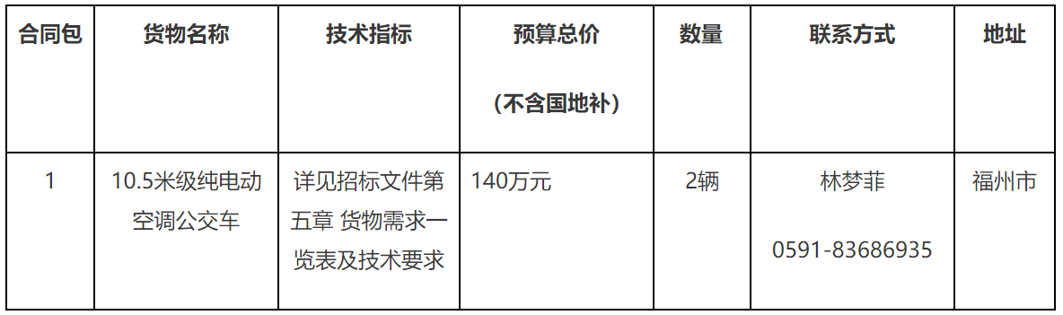 福州经济技术开发区公交公司纯电动空调公交车采购招标公告