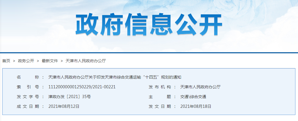 天津市人民政府办公厅关于印发天津市综合交通运输“十四五”规划的通知