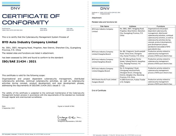 商用车第一张！比亚迪聚焦车辆网络安全获颁ISO/SAE 21434认证证书