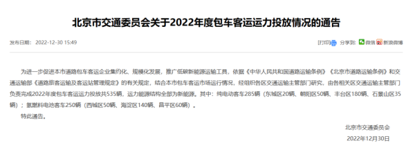 北京市交通委：2022年投放了250辆氢燃料电池客车