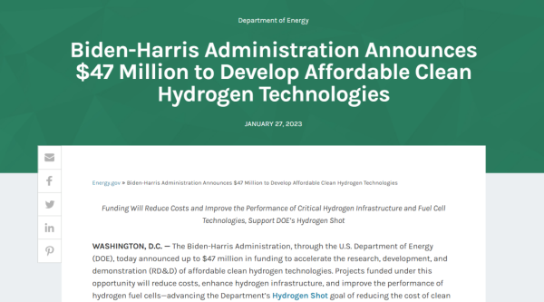 拜登-哈里斯政府宣布提供4700万美元用于研发清洁氢能技术