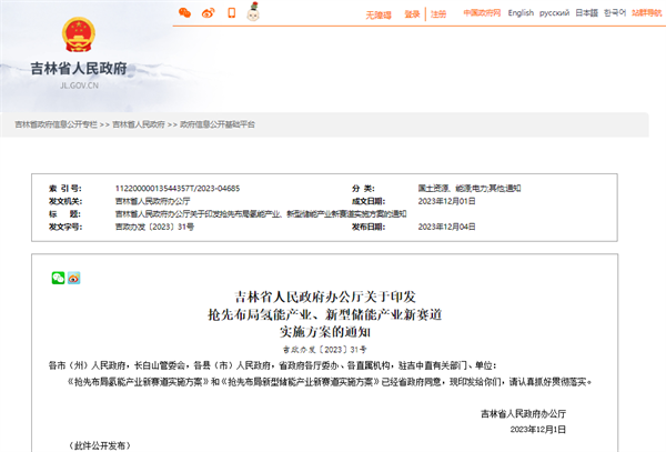 实施风光消纳规模制氢工程，吉林发布《抢先布局氢能产业新赛道实施方案》