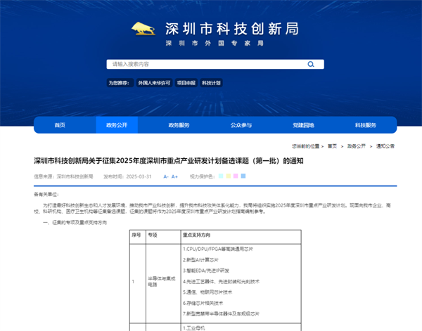 深圳市科技创新局发布2025年度深圳市重点产业研发计划备选课题（第一批）的征集通知